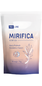 A bag of Kacip Fatimah Tea by Mirifica Science with a white background.
